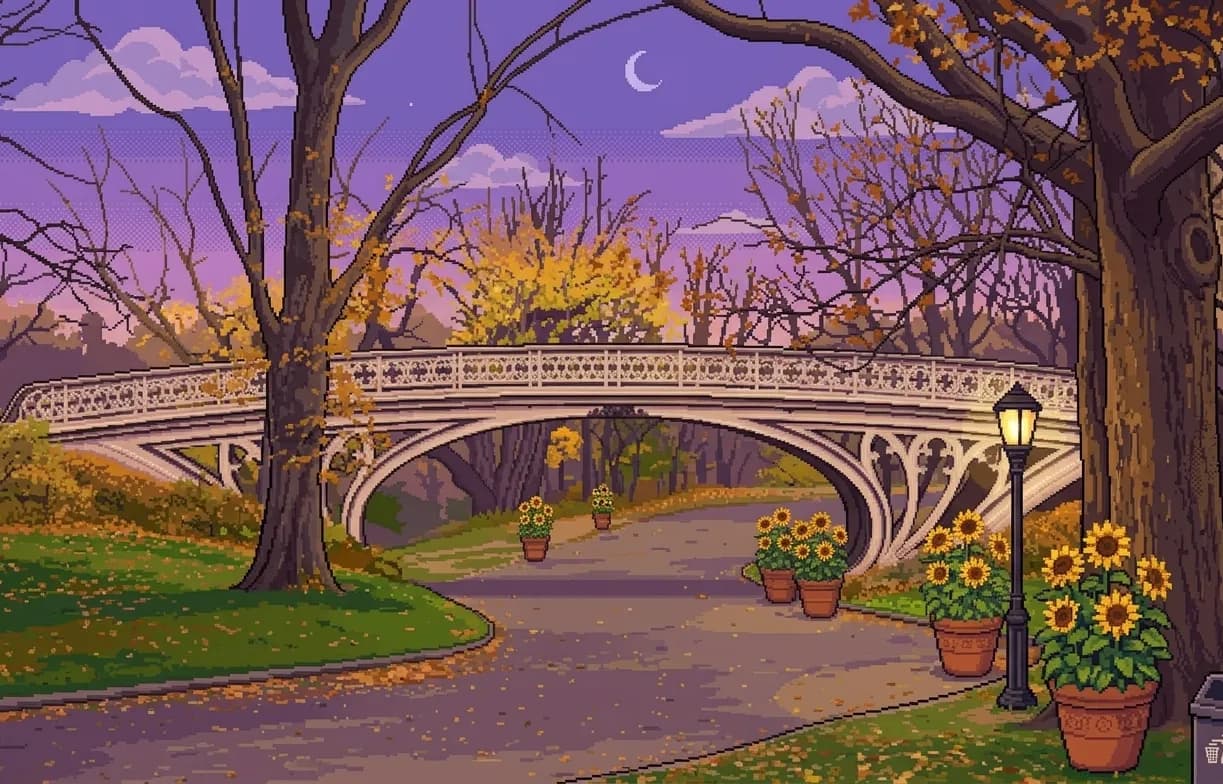 Pixel art illustration of a Central Park bridge at dusk with autumn foliage