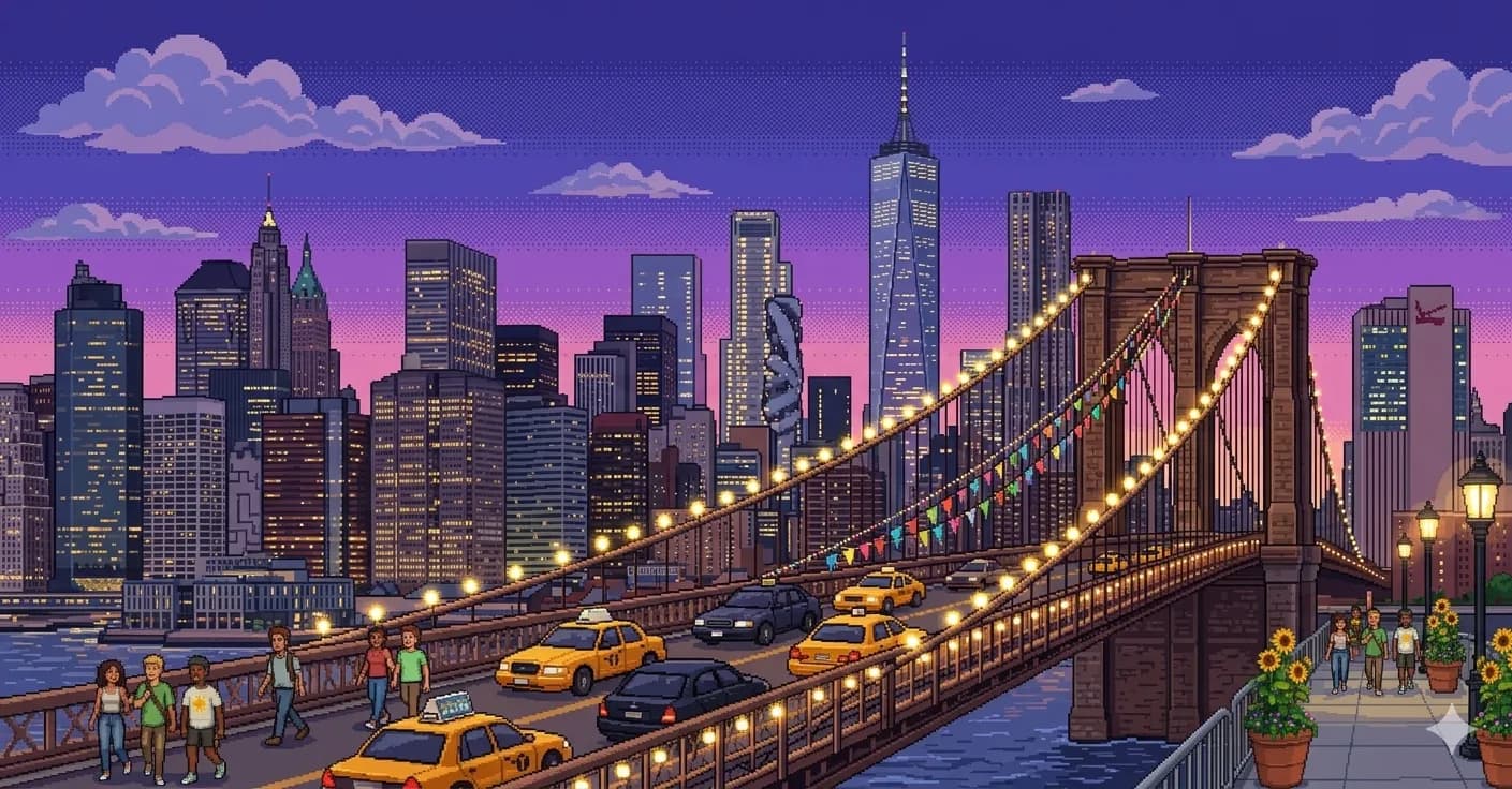 Pixel art illustration of the Brooklyn Bridge at dusk with the NYC skyline