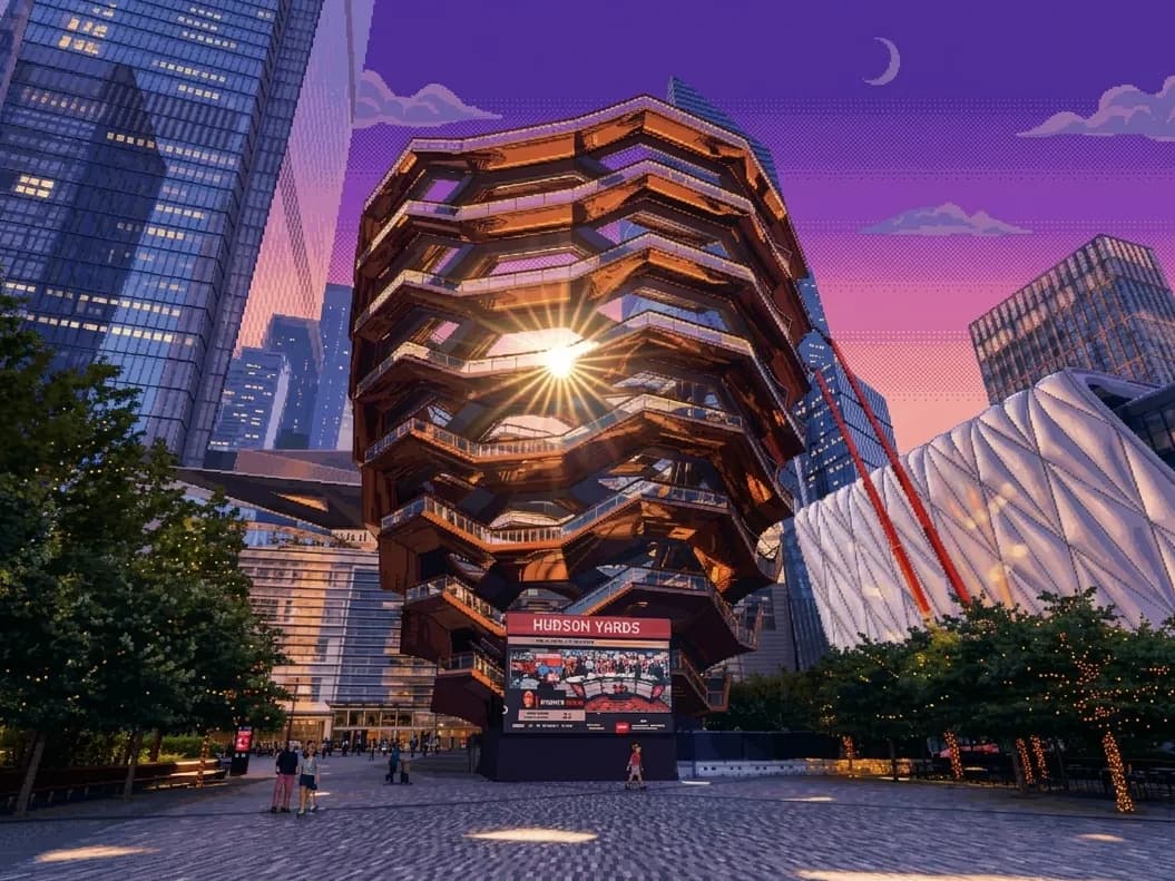 Pixel art illustration of the The Vessel with the skyline at dusk