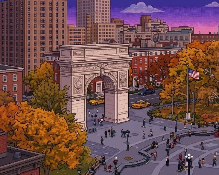 Pixel art illustration of Washington Square Park in autumn