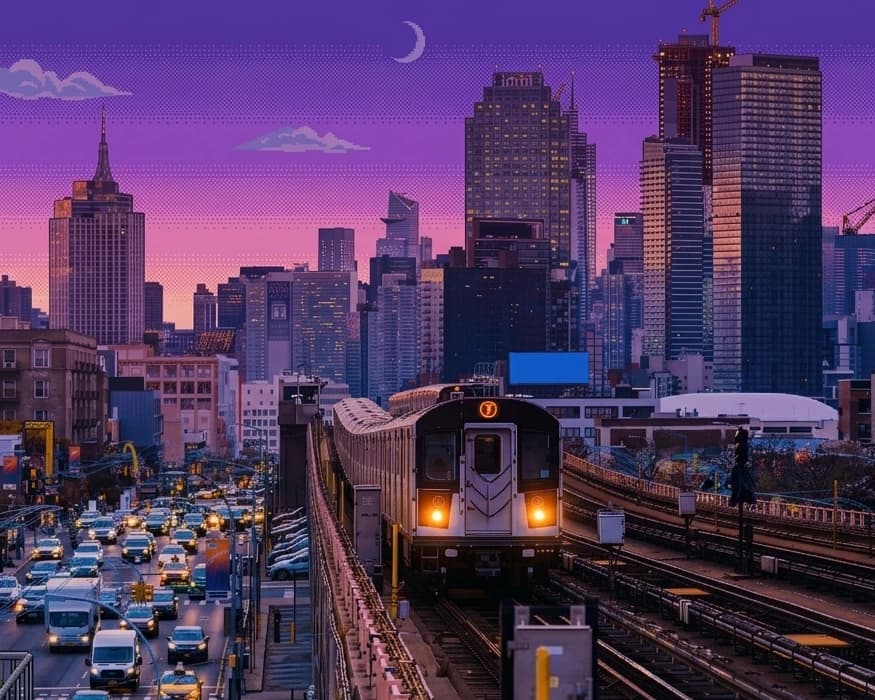 Pixel art illustration of the NYC subway with the skyline at dusk