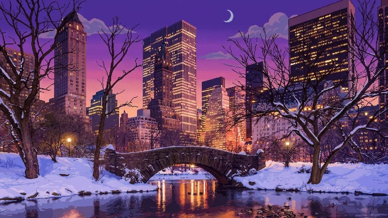Pixel art illustration of the Flatiron Building with the skyline at dusk